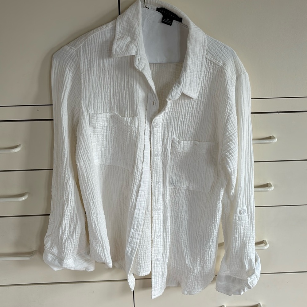 Sanctuary White Gauze Button Down Shirt Roll Tab Sleeve Lightweight XS
